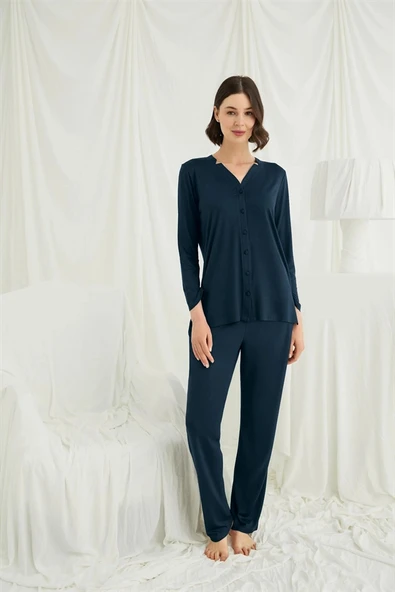 Nevamel® Uzun Kollu Boydan Düğmeli V Yaka Pijama Takımı ürün görseli 1