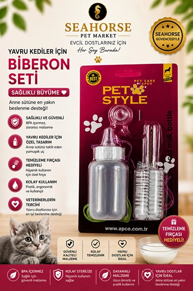 Pet Style Yavru Kedi Biberon Seti | Temizleme Fırçalı, BPA İçermez, Yavru Kedi Besleme Seti ürün görseli 1