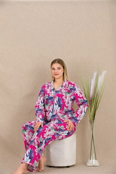 Nevamel® Büyük Beden Renkli Yaprak Desenli Düğmeli Uzun Kol Viskon Pijama Takımı ürün görseli 1