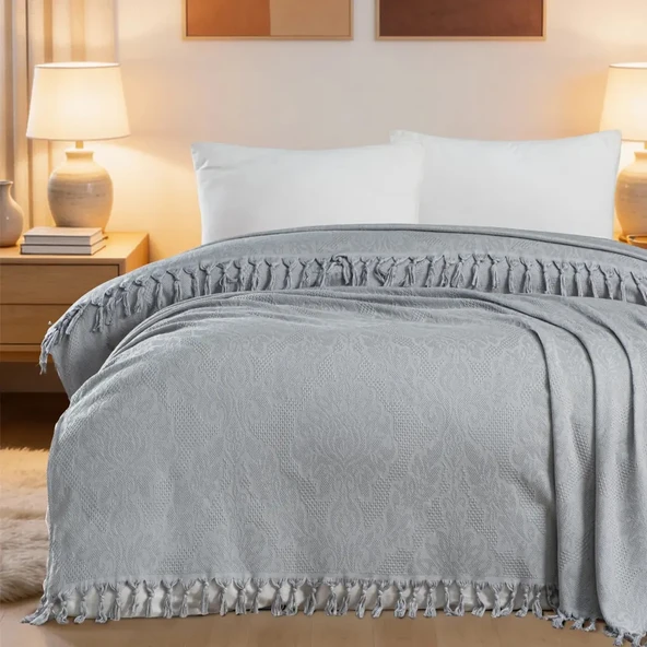 Aryıldız Home 240x260 cm Bambu Jakarlı Saçaklı Pike - Gri ürün görseli 1