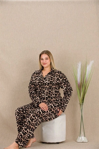 Nevamel® Büyük Beden Leopar Desenli Düğmeli Uzun Kol Viskon Pijama Takımı ürün görseli 1