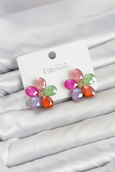 Karışık Renk Kristal Taşlı Çiçek Model Kadın Küpe ürün görseli 1