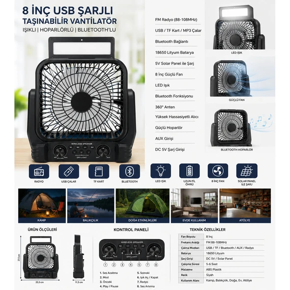 8 İnç Solar Kamp Vantilatörü FM Radyolu Bluetooth Hoparlörlü LED Işıklı PD950 ürün görseli 1