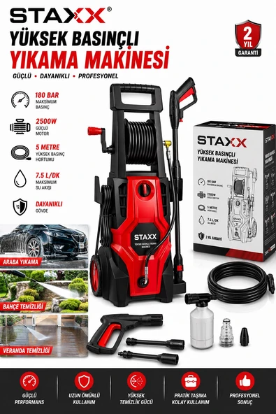 180 Bar Basınçlı Yıkama Makinesi 2500W Bakır Motorlu Köpük Aparatlı Oto Bahçe Duvar Temizleme Set ürün görseli 1