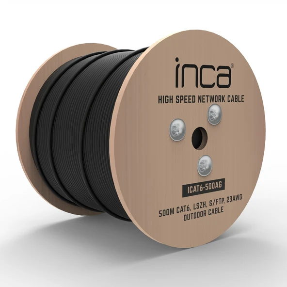 INCA 500metre CAT6 S/FTP 23AWG Siyah Makara Outdoor Makaralı LSZH Kablo 0.50mm ICAT6-500AG ürün görseli 1