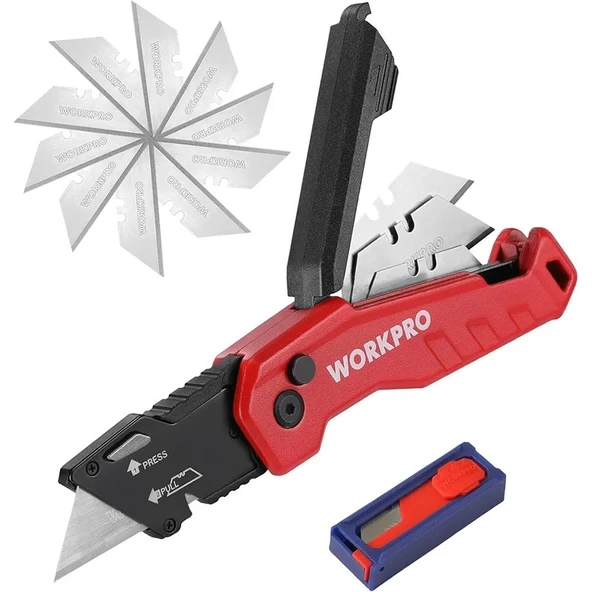 WORKPRO WP211026 Katlanır Çok Amaçlı Profesyonel Rötuş Maket Bıçağı + 14 Adet Yedek Bıçak ürün görseli 1