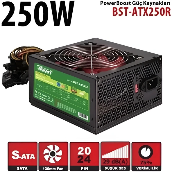 PowerBoost BST-ATX250R 250w, PPFC 12cm Kırmızı Fanlı ATX PSU (Retail Box) ürün görseli 1