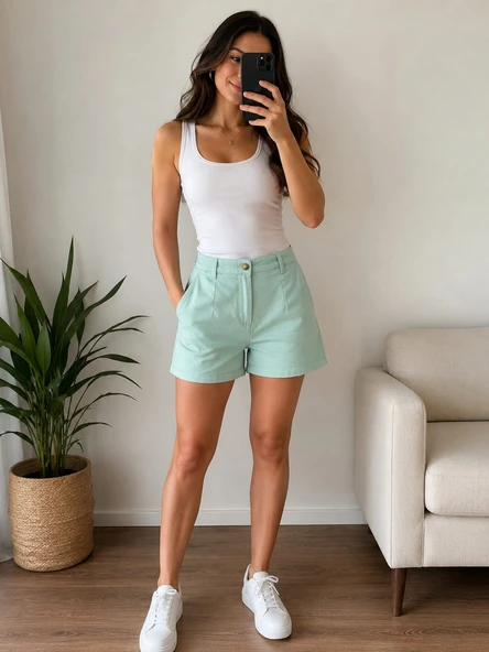 Yüksek Bel Pens Detaylı Mint Yeşili Denim Şort ürün görseli 1