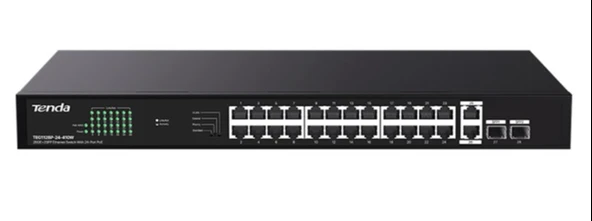 Tenda TEG1128P-24-410W 24 Port Poe+ 10-100-1000 2 Port SFP 2 Port Uplink Switch Çelik Kasa ürün görseli 1