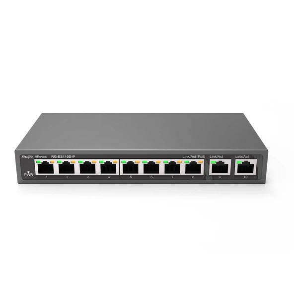 Ruijie-Reyee RG-ES110D-P 8 Port Poe+ 10-100 Mbps 2 Port 10-100-1000 Mbps Uplink Switch Çelik Kasa ürün görseli 1