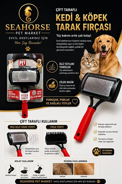 Pet Pretty Çift Taraflı Kedi ve Köpek Tarağı – Özel Uç Kaplamalı Bakım Fırçası ürün görseli 1