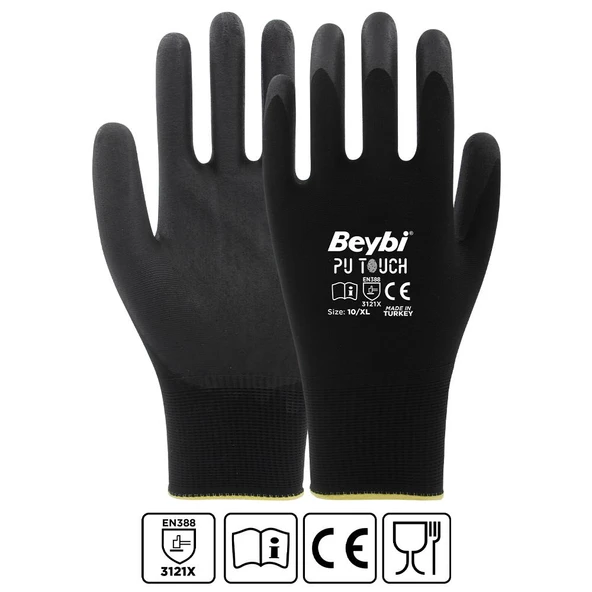 Beybi 7 Beden 12li Paket  Poliüretan Kaplı Pu Touch Siyah Montaj Eldiven  EN388 (3121X) ürün görseli 1