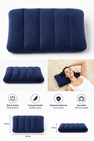 Intex Şişme Seyahat Yastığı 43x28x9 cm Lacivert - Kamp Yolculuk ve Boyun Yastığı Lacivert ürün görseli 1