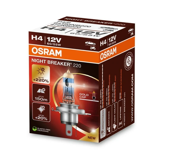 Osram H4 Night Breaker Laser 220 AMPUL 60/55W   64193NB220 +%220 PARLAK IŞIK +150 METRE FAZLA GÖRÜŞ +%20 BEYAZ IŞIK ürün görseli 1