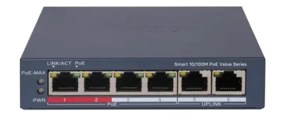 Hikvision DS-3E1106P-EI-M 4 Port PoE 10-100 2-Uplınk Yönetilemez Switch ürün görseli 1