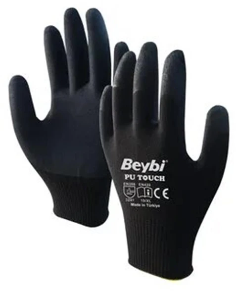 Beybi 8 Beden 12li Paket Poliüretan Kaplı Pu Touch Siyah Montaj Eldiven EN388 (3121X) ürün görseli 1