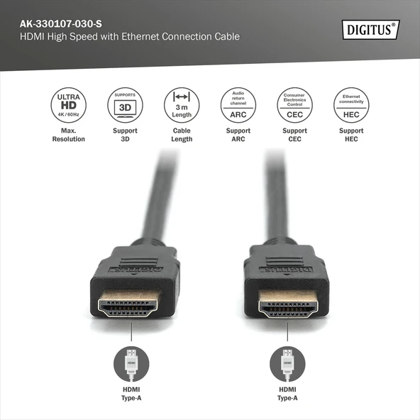 DIGITUS HDMI 4K Görüntü Kablosu 3m (AK-330107-030-S) - Resim 2