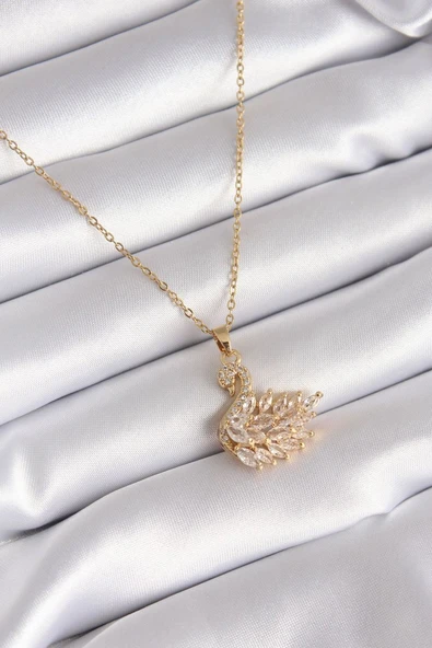316L Çelik Gold Renk Zirkon Taşlı Kuğu Model Kadın Kolye - TJ-BKO8327 ürün görseli 1