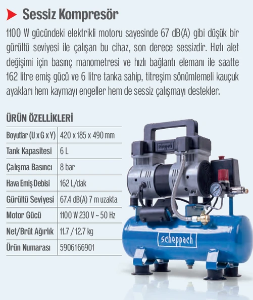 Scheppach Hc08Si 6 Litre Sessiz Kompresör (Hediyeli) - Resim 2