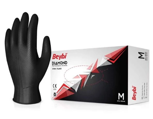 Beybi Diamond M Beden Pudrasız Kalın Siyah Nitril Eldiven Medium (Kutuda 100 Adet) ürün görseli 1