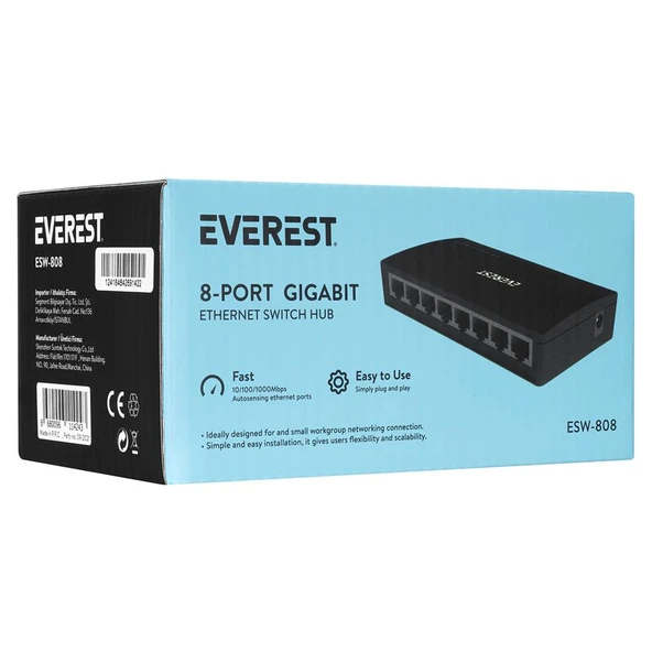 Everest EVERLINK ESW-808 8 Port 10-100-1000Mbps Gigabit Ethernet Masaüstü Ethernet Switch Hub ürün görseli 1