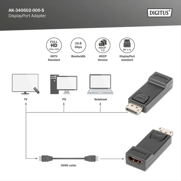DIGITUS DP-HDMI Görüntü Adaptörü (AK-340602-000.S) - Resim 3