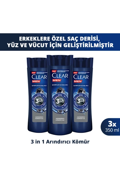 Men 3 in 1 Şampuan & Duş Jeli Arındırıcı Kömür Saç Yüz Vücut İçin 350 ml x3 ürün görseli 1
