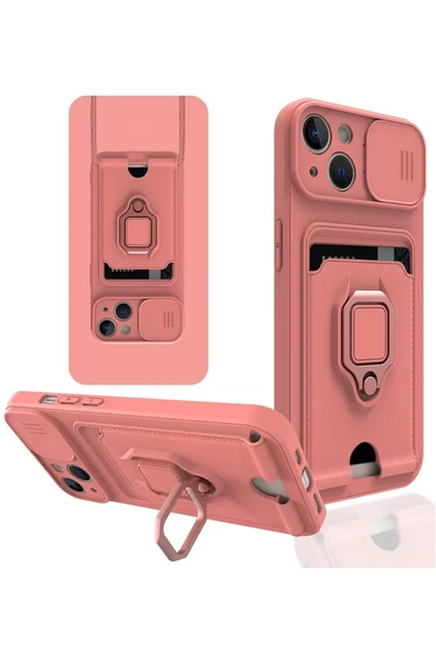 Newface Apple iPhone 14 Kılıf Zuma Kartvizitli Yüzüklü Silikon - Pembe ürün görseli 1