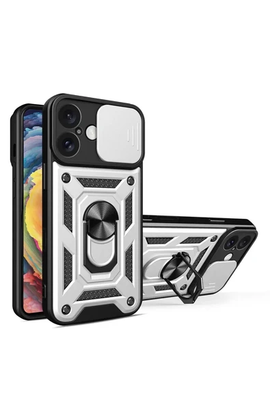 Newface Apple iPhone 16 Kılıf Pars Lens Yüzüklü Silikon - Gümüş ürün görseli 1