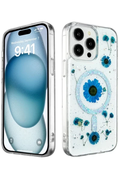 Newface Apple iPhone 14 Pro Max Kılıf Daisy Simli Magsafe Kapak - Mavi ürün görseli 1