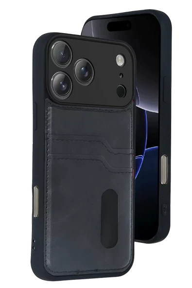 Newface Apple iPhone 17 Pro Sara Kartvizitli Deri Kılıf - Siyah ürün görseli 1