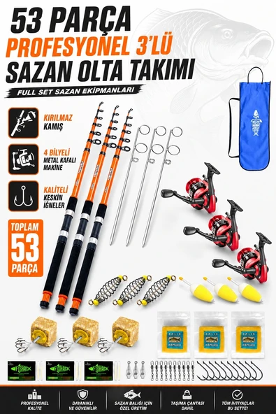 Profesyonel 3’lü Sazan Olta Takımı - 3.60MT- Kırılmaz Kamış Metal Kafa Makine ürün görseli 1