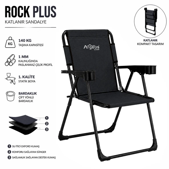 Katlanır Piknik ve Kamp Sandalyesi - Bardaklıklı - Rock Plus - Linen Siyah ürün görseli 1