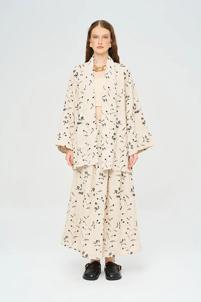 Kadın Çiçek Ve Yaprak Nakışlı Pullu Kimono - Resim 3