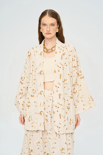 Kadın Çiçek Ve Yaprak Nakışlı Pullu Kimono - Resim 6