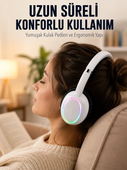 Beyaz Kablosuz Bluetooth Kulaklık Mikrofonlu Ergonomik Kulak Üstü Tasarım ürün görseli 1