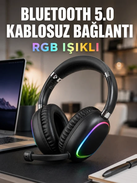 Bluetooth 5.0 Kablosuz Kulak Üstü Kulaklık Mikrofonlu Rgb Aydınlatmalı ürün görseli 1