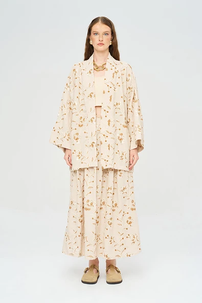 Kadın Çiçek Ve Yaprak Nakışlı Pullu Kimono - Resim 8