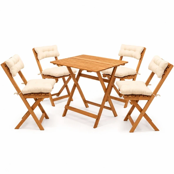 Katlanır Ahşap Balkon Bahçe Masa Sandalye Takımı Gürgen 4 Sandalyeli Minderli Bistro Set 60x80 cm ürün görseli 1