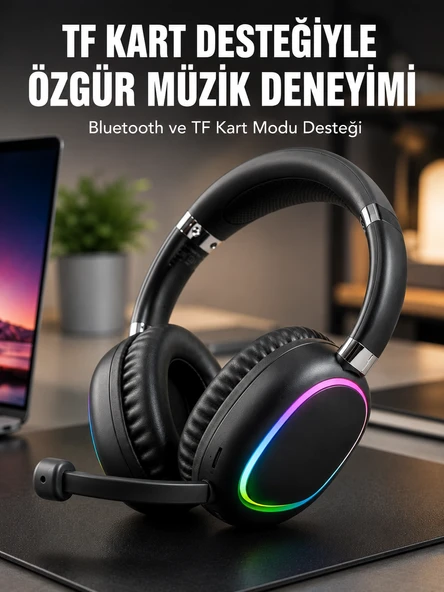 Mikrofonlu Bluetooth Kulak Üstü Kulaklık Rgb Aydınlatmalı Type-c Şarjlı ürün görseli 1