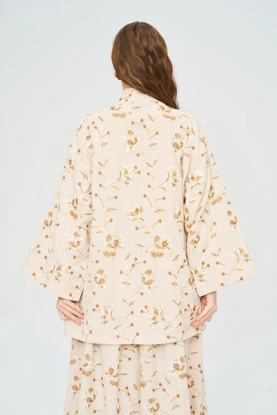 Kadın Çiçek Ve Yaprak Nakışlı Pullu Kimono - Resim 10