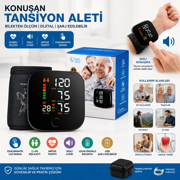 BİLEK ÖLÇÜM 7X8.3CM USB SARJLI - DİJİTAL KONUŞAN TANSİYON ALETİ BK-606 (2818) ürün görseli 1