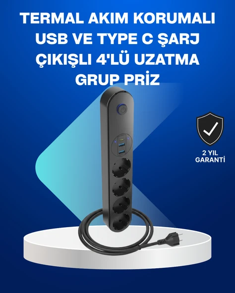 Akıllı Akım Dengelemeli 4’lü Çoklu Priz TypeC ve USB Çıkışlı ürün görseli 1