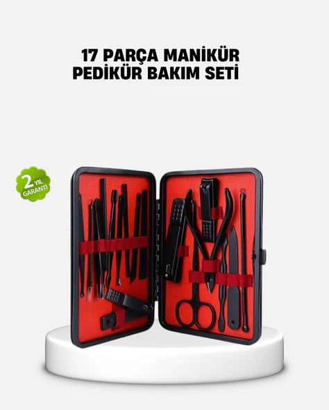 17 Parça Profesyonel Manikür Pedikür Seti Paslanmaz Çelik Siyah Kutu ürün görseli 1