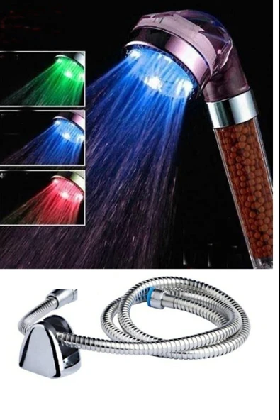 Renk Değiştiren Led Işıklı Duş Başlığı Seti Hortum Askı Seti (Pilsiz Elektriksiz) ürün görseli 1