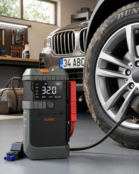 Akıllı Lastik Şişirme Kompresörü Akü Takviye Özellikli LED Fenerli Taşınabilir Güç Ünitesi ürün görseli 1