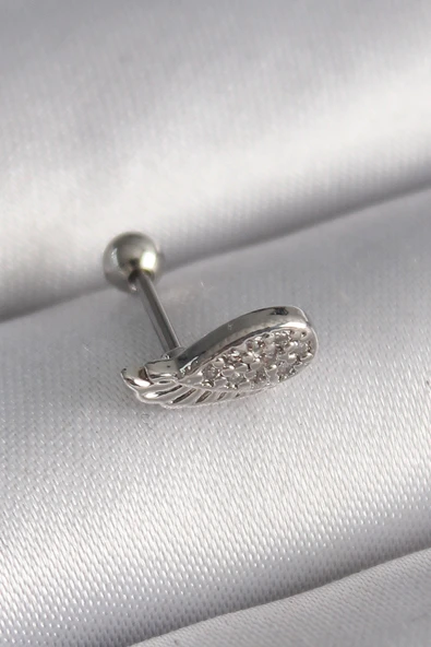 316L Çelik Gümüş Renk Zirkon Taşlı Kanat Tragus Piercing ürün görseli 1
