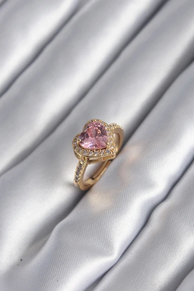 Pirinç Gold Renk Pembe Zirkon Taşlı Charm Kalp Model Kadın Yüzük ürün görseli 1