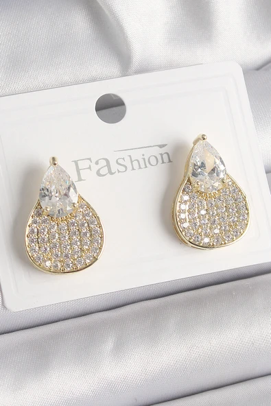 Pirinç Gold Renk Zirkon Taşlı Damla Model Kadın Küpe ürün görseli 1