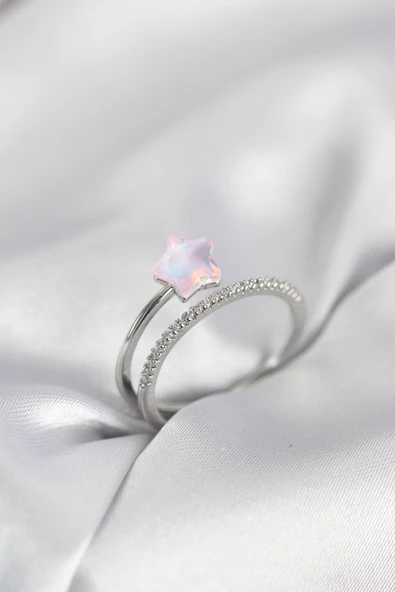 Gümüş Renk Zirkon Taşlı Pembe Halley Model Kadın Yüzük ürün görseli 1